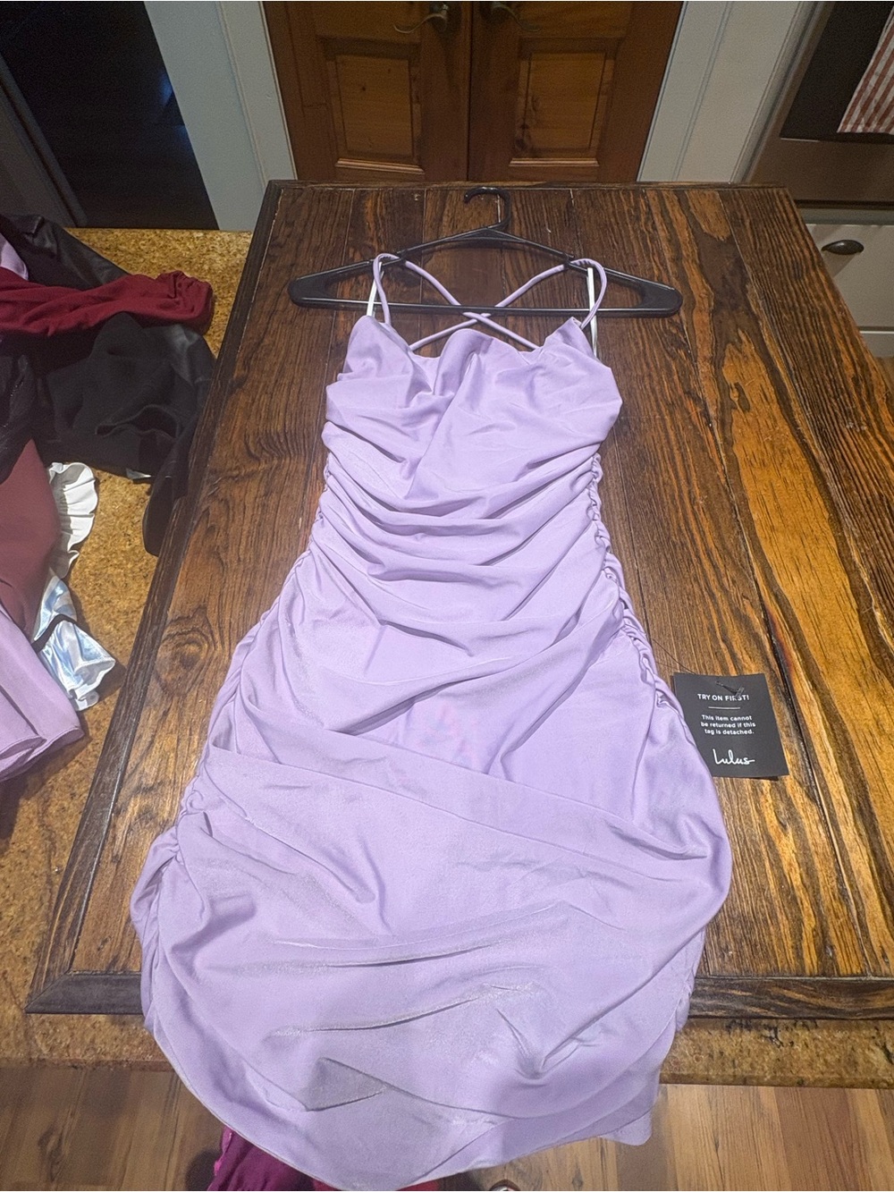 Lulu's Lilac Ruched Midi Dress with Cross-Strap Detail